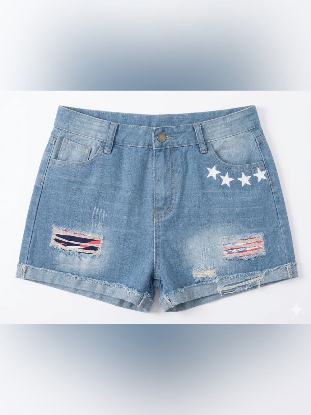 Light Blue Distressed Denim Shorts with Star Detail